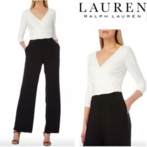 LAUREN RALPH LAUREN Sz 14 Jumpsuit Colourblock Faux Wrap Wide Leg Seam Pockets